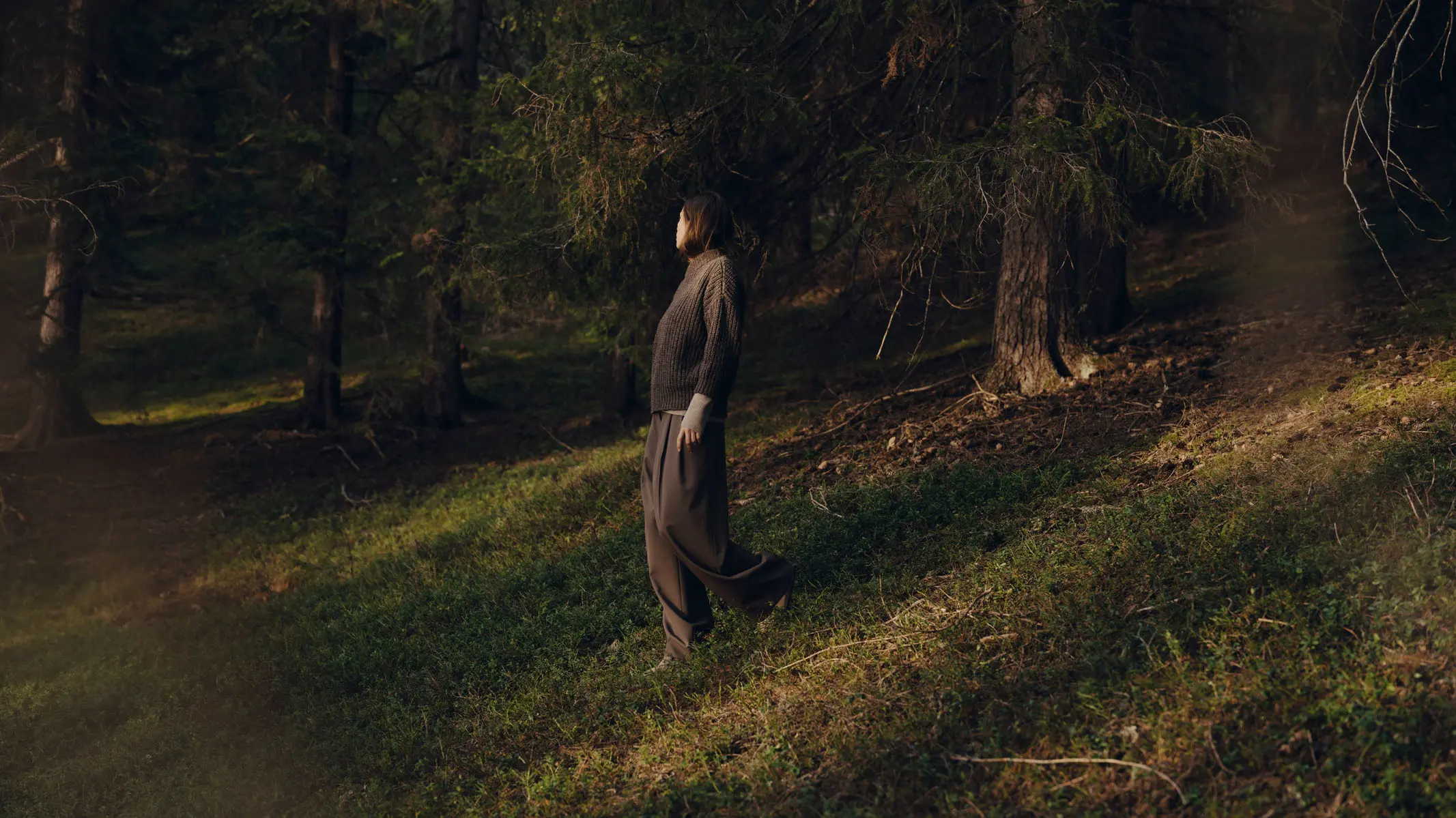 A guest standing alone on a grass slope inside the spruce forest, low sun raking across the trunks and moss behind them.